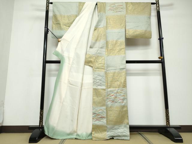 平和屋着物●人間国宝　福田喜三郎　訪問着　刺繍　格子雪芝文　金彩　正絹　逸品　DABI9849ud