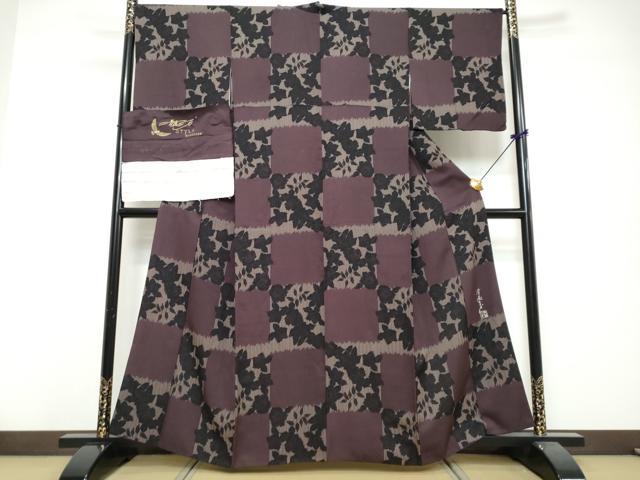 平和屋着物●染色作家　斉藤三才　小紋　格子薔薇文　反端付き　正絹　逸品　DABI9856ud