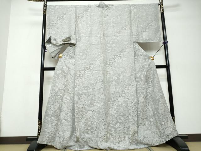 平和屋着物●山岡古都・古都染人　染織美術品　薬墨染　天目織　お召　雪輪草花文　反端付き　正絹　逸品　DABI9875ud