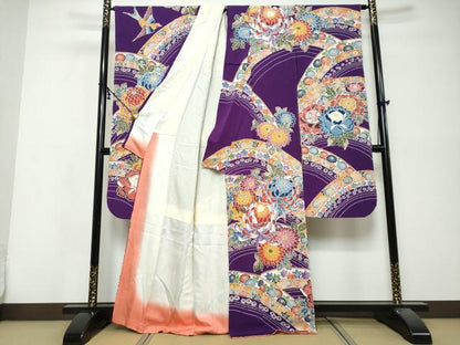 平和屋着物●豪華振袖　型染め　熨斗草花文　正絹　逸品　DABI9884ud