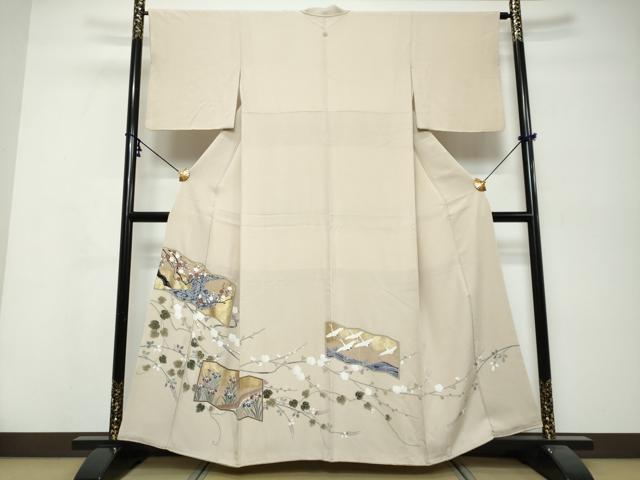 平和屋着物●豪華色留袖　駒刺繍　屏風飛鶴草花文　金彩　正絹　逸品　DABI9904ud