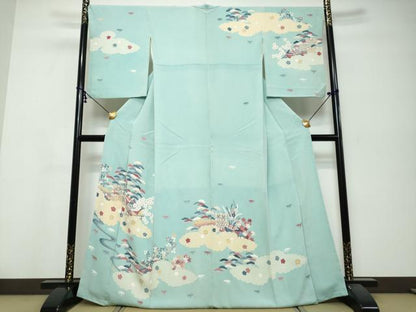平和屋着物●訪問着　雲取り風景草花文　金彩　鬼しぼ縮緬　正絹　逸品　DABI9921ud