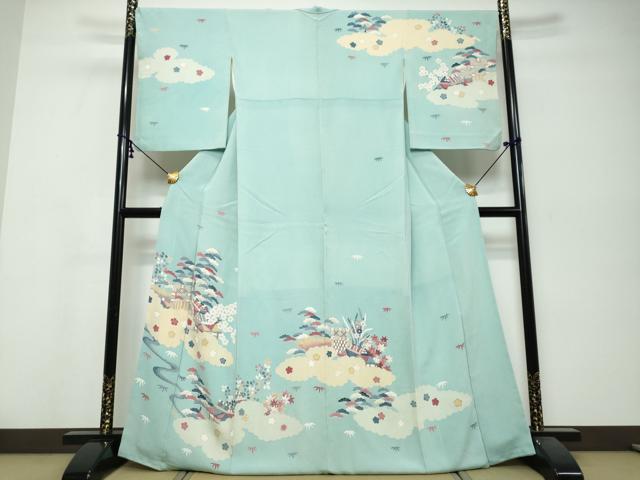 平和屋着物●訪問着　雲取り風景草花文　金彩　鬼しぼ縮緬　正絹　逸品　DABI9921ud
