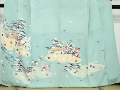 平和屋着物●訪問着　雲取り風景草花文　金彩　鬼しぼ縮緬　正絹　逸品　DABI9921ud