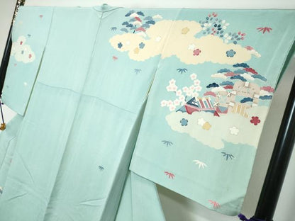 平和屋着物●訪問着　雲取り風景草花文　金彩　鬼しぼ縮緬　正絹　逸品　DABI9921ud