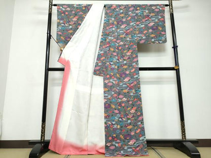 平和屋着物●上質な小紋　紅型　流水花鳥文　鬼しぼ縮緬　正絹　逸品　未使用　DABI9928ud