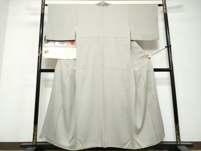 平和屋着物●京加賀友禅　百貫達雄監修　色無地　加賀の四季　霞地紋　灰青色　反端付き　正絹　逸品　DABI9930ud