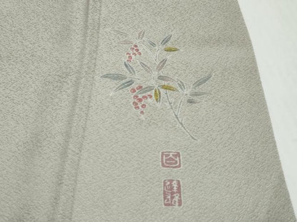 平和屋着物●京加賀友禅　百貫達雄監修　色無地　加賀の四季　霞地紋　灰青色　反端付き　正絹　逸品　DABI9930ud