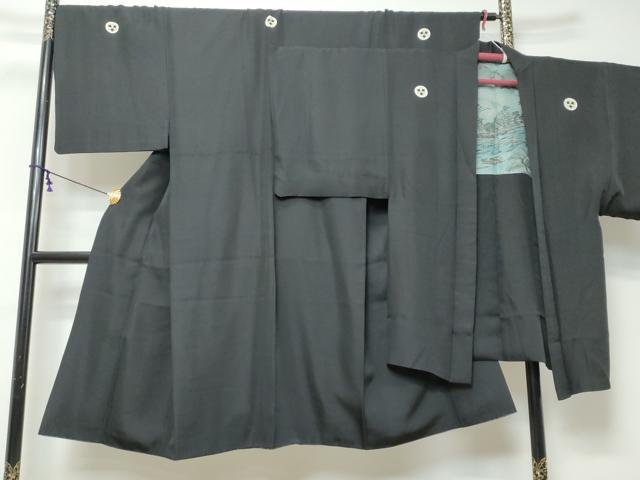 平和屋着物●男性　黒紋付　長羽織セット　羽裏：小舟風景文　正絹　逸品　DABI9938ud