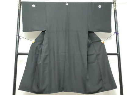 平和屋着物●男性　黒紋付　長羽織セット　羽裏：小舟風景文　正絹　逸品　DABI9938ud