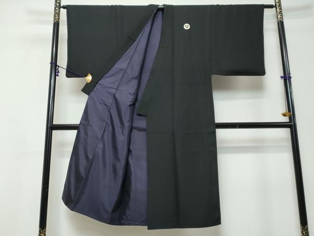 平和屋着物●男性　黒紋付　長羽織セット　羽裏：小舟風景文　正絹　逸品　DABI9938ud
