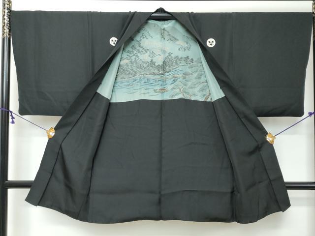 平和屋着物●男性　黒紋付　長羽織セット　羽裏：小舟風景文　正絹　逸品　DABI9938ud