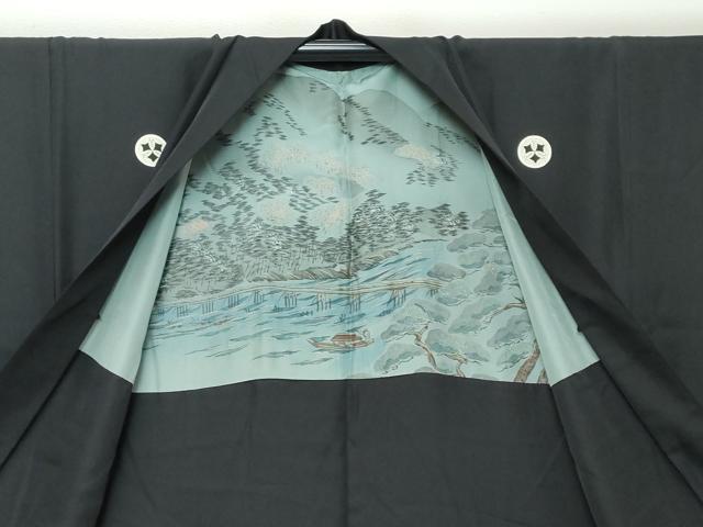 平和屋着物●男性　黒紋付　長羽織セット　羽裏：小舟風景文　正絹　逸品　DABI9938ud