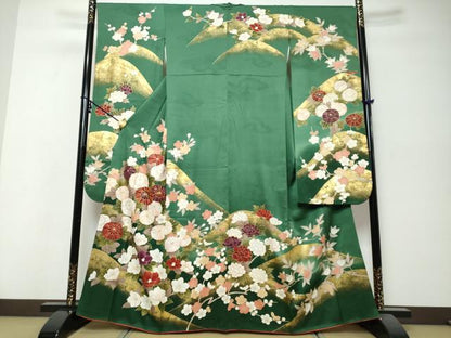 平和屋着物●豪華振袖　駒刺繍　枝花文　金彩　正絹　逸品　DABI9945ud