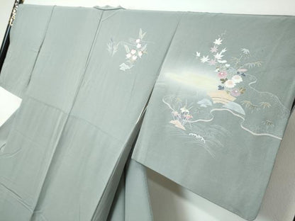 平和屋着物●訪問着　流水風景草花文　暈し染め　正絹　逸品　DABI9948ud