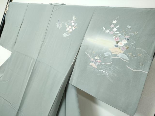 平和屋着物●訪問着　流水風景草花文　暈し染め　正絹　逸品　DABI9948ud