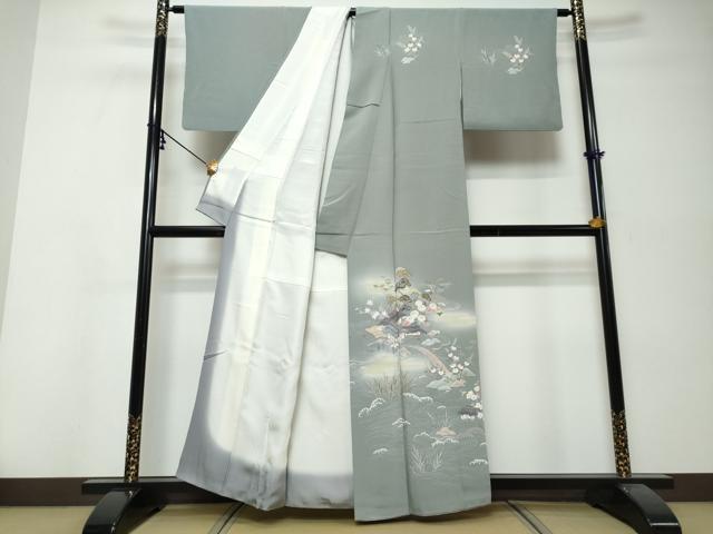 平和屋着物●訪問着　流水風景草花文　暈し染め　正絹　逸品　DABI9948ud