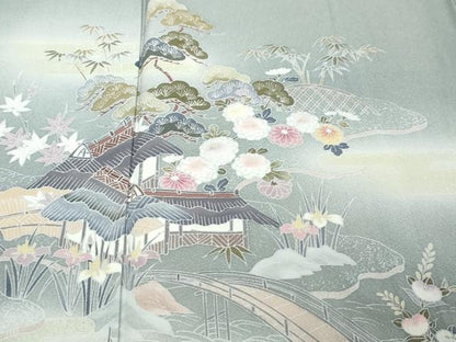 平和屋着物●訪問着　流水風景草花文　暈し染め　正絹　逸品　DABI9948ud