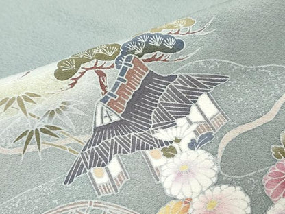 平和屋着物●訪問着　流水風景草花文　暈し染め　正絹　逸品　DABI9948ud