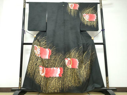 平和屋着物●訪問着　駒刺繍　舞蝶文　黒地　金彩　正絹　逸品　DABI9970ud