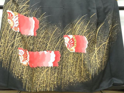 平和屋着物●訪問着　駒刺繍　舞蝶文　黒地　金彩　正絹　逸品　DABI9970ud