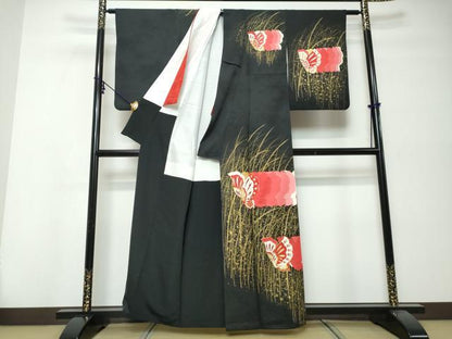平和屋着物●訪問着　駒刺繍　舞蝶文　黒地　金彩　正絹　逸品　DABI9970ud