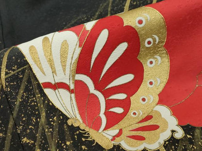 平和屋着物●訪問着　駒刺繍　舞蝶文　黒地　金彩　正絹　逸品　DABI9970ud