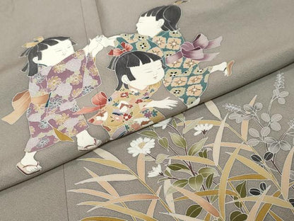 平和屋着物●訪問着　友禅　童子遊び　正絹　逸品　DABI9974ud