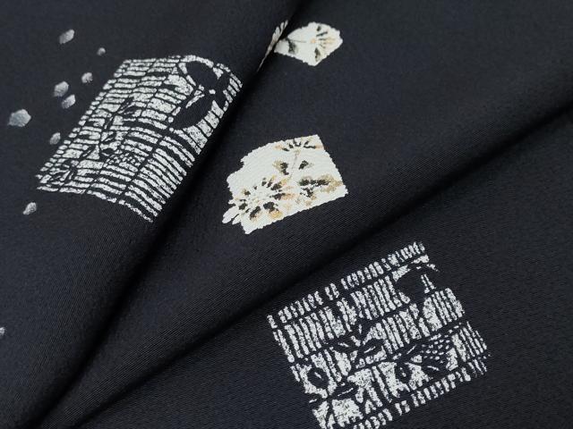 平和屋着物●上質な小紋　箔散らし花蝶文　黒地　正絹　逸品　DABI9978ud