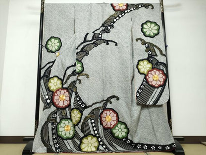 平和屋着物●豪華振袖　総絞り　駒刺繍　立波舞花文　黒地　金彩　正絹　逸品　DABI9982ud