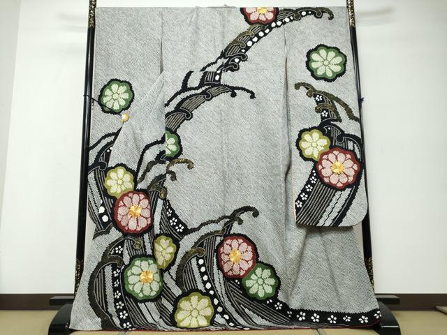 平和屋着物●豪華振袖　総絞り　駒刺繍　立波舞花文　黒地　金彩　正絹　逸品　DABI9982ud