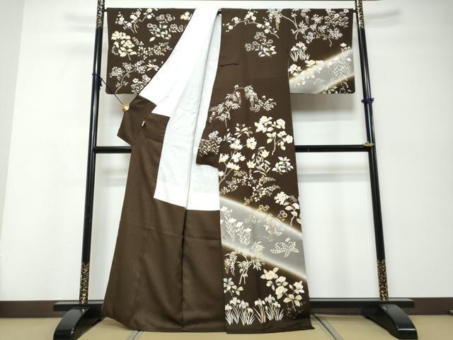 平和屋着物●訪問着　駒刺繍　草花文　暈し染め　金彩　正絹　逸品　DABI9983ud