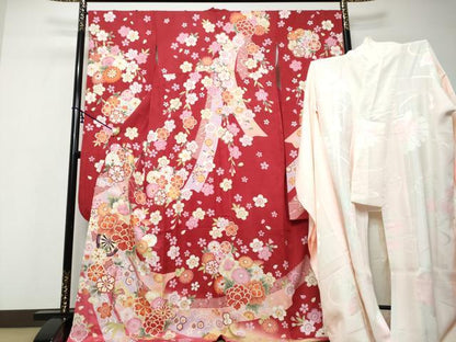 平和屋着物●豪華振袖・長襦袢（袷）セット　駒刺繍　几帳花車文　暈し染め　金彩　正絹　逸品　DABI9999ud