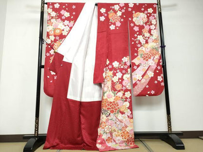 平和屋着物●豪華振袖・長襦袢（袷）セット　駒刺繍　几帳花車文　暈し染め　金彩　正絹　逸品　DABI9999ud