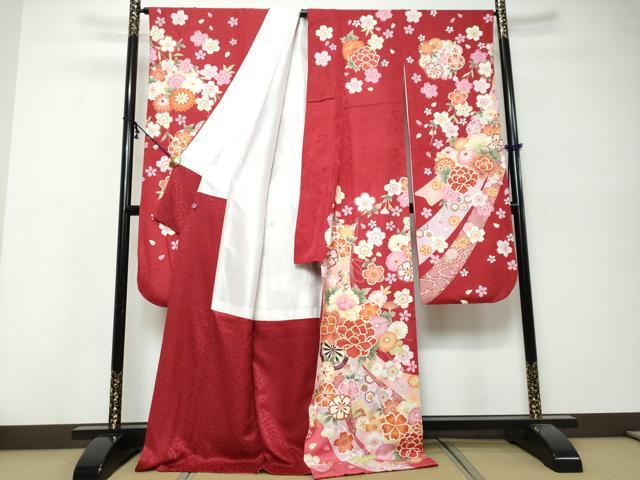 平和屋着物●豪華振袖・長襦袢（袷）セット　駒刺繍　几帳花車文　暈し染め　金彩　正絹　逸品　DABI9999ud