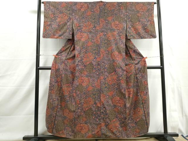平和屋着物■上質な小紋　紬地　切嵌更紗花文　正絹　逸品　DABJ0010qa
