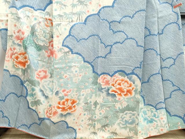 平和屋着物■豪華振袖　駒刺繍　絞り　孔雀花文　牡丹　暈し染め　銀彩　正絹　逸品　DABJ0015qa
