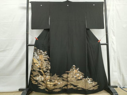 平和屋着物■豪華黒留袖　駒刺繍　風景御所車花文　松竹梅　金銀彩　正絹　逸品　DABJ0019qa