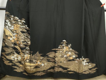 平和屋着物■豪華黒留袖　駒刺繍　風景御所車花文　松竹梅　金銀彩　正絹　逸品　DABJ0019qa