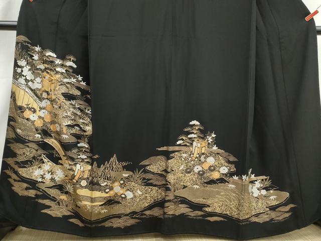 平和屋着物■豪華黒留袖　駒刺繍　風景御所車花文　松竹梅　金銀彩　正絹　逸品　DABJ0019qa