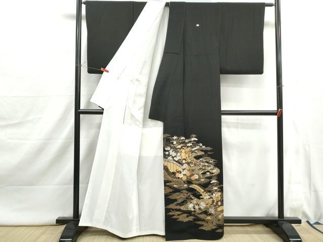 平和屋着物■豪華黒留袖　駒刺繍　風景御所車花文　松竹梅　金銀彩　正絹　逸品　DABJ0019qa