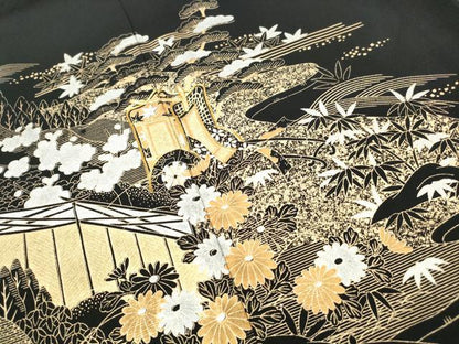 平和屋着物■豪華黒留袖　駒刺繍　風景御所車花文　松竹梅　金銀彩　正絹　逸品　DABJ0019qa