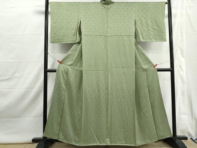 平和屋着物■上質な色無地　花青海波地紋　柳色　正絹　逸品　DABJ0021qa
