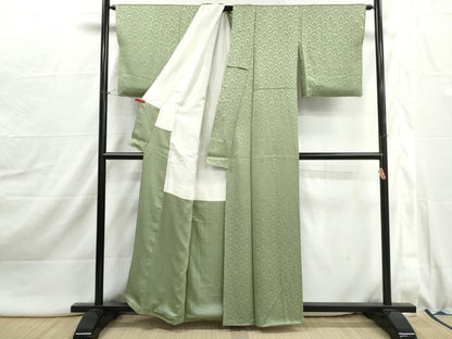 平和屋着物■上質な色無地　花青海波地紋　柳色　正絹　逸品　DABJ0021qa