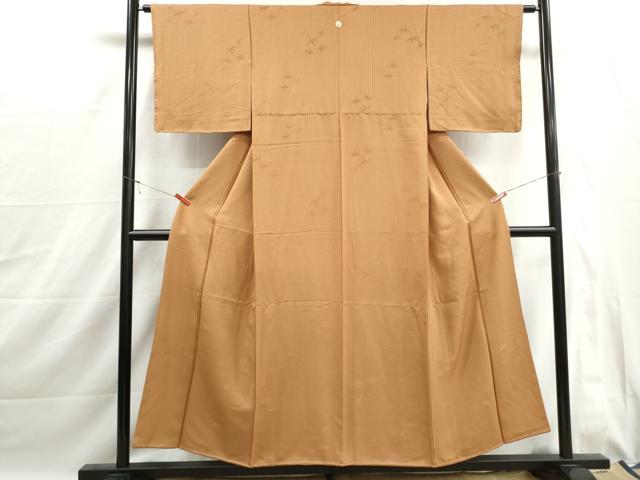 平和屋着物■上質な色無地　格子笹の葉地紋　香染色　正絹　逸品　DABJ0030qa