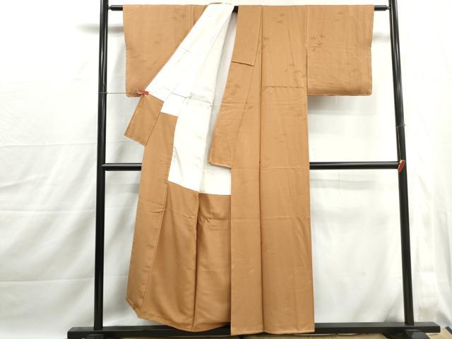 平和屋着物■上質な色無地　格子笹の葉地紋　香染色　正絹　逸品　DABJ0030qa