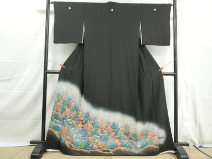 平和屋着物■豪華黒留袖　手描き　風景樹林文　暈し染め　正絹　逸品　DABJ0055qa