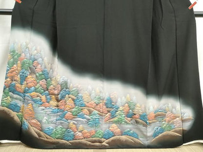 平和屋着物■豪華黒留袖　手描き　風景樹林文　暈し染め　正絹　逸品　DABJ0055qa