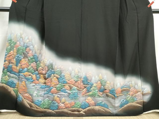平和屋着物■豪華黒留袖　手描き　風景樹林文　暈し染め　正絹　逸品　DABJ0055qa