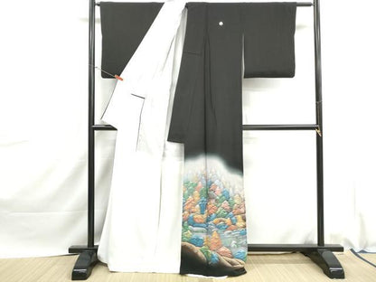 平和屋着物■豪華黒留袖　手描き　風景樹林文　暈し染め　正絹　逸品　DABJ0055qa